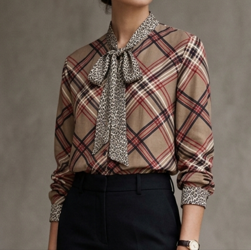 Barbara Lebek Plaid & Leopard Tie Neck Blouse Sz M